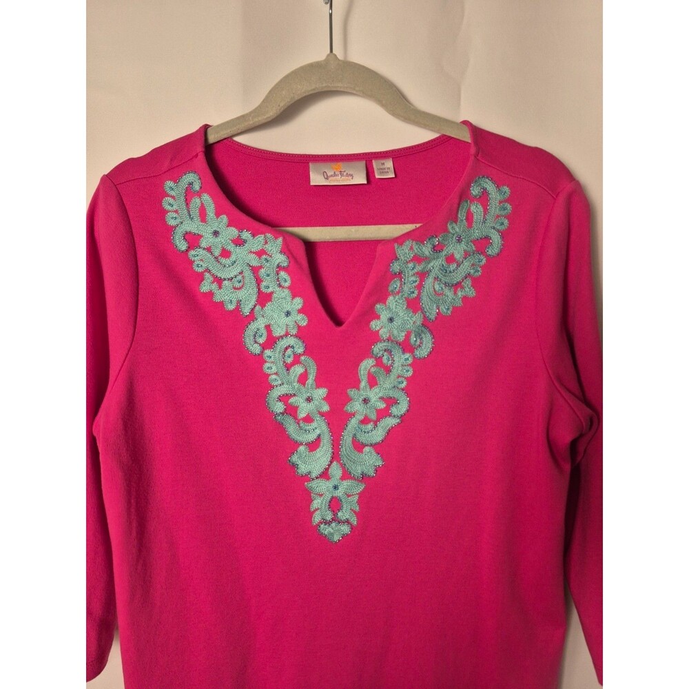 Quacker Factory Womens Size M Magenta 3/4 Sleeve Top Teal Embroidered Beaded